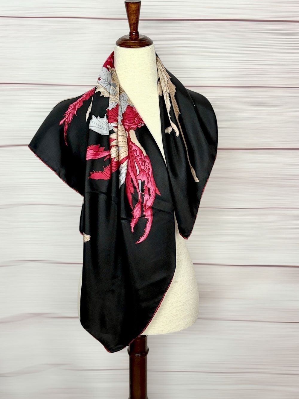 DA MAREN Silk Scarf Phoenix Fantasy Bird Black Pink Fuchsia Beige Hand Rolled - Picture 7 of 9